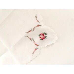 Vintage White Handkerchief With Floral Embroidery & Scalloped Edges